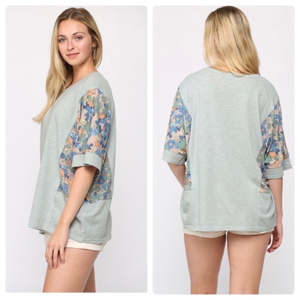 NEW Solid Dusty Mint & Floral Detail Top